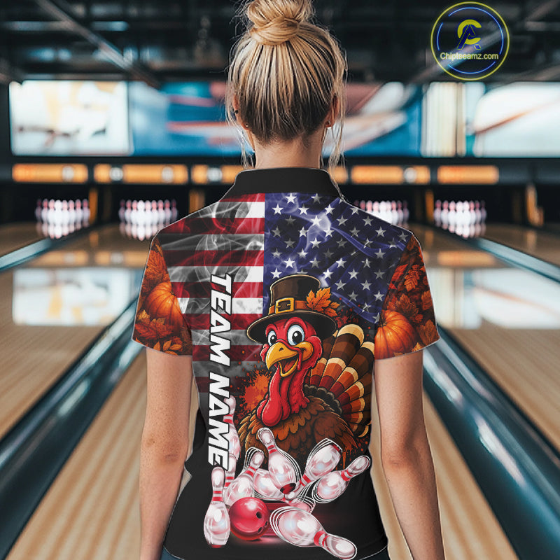 Funny Turkey American Flag Smoke Bowling Shirts For Women Custom Thanksgiving Bowling Team Jersey TDM7395