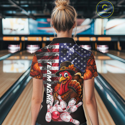 Funny Turkey American Flag Smoke Bowling Shirts For Women Custom Thanksgiving Bowling Team Jersey TDM7395
