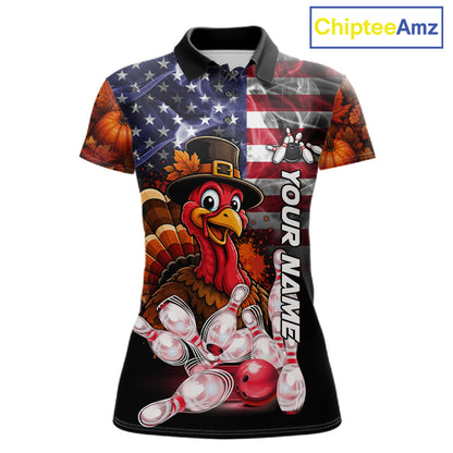 Funny Turkey American Flag Smoke Bowling Shirts For Women Custom Thanksgiving Bowling Team Jersey TDM7395
