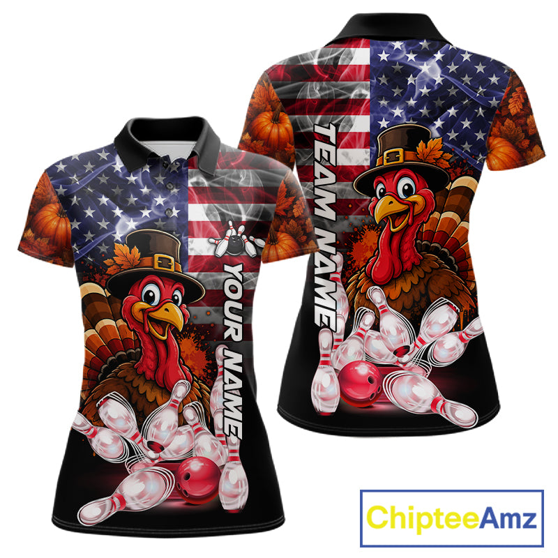 Funny Turkey American Flag Smoke Bowling Shirts For Women Custom Thanksgiving Bowling Team Jersey TDM7395