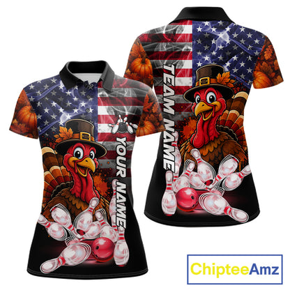 Funny Turkey American Flag Smoke Bowling Shirts For Women Custom Thanksgiving Bowling Team Jersey TDM7395
