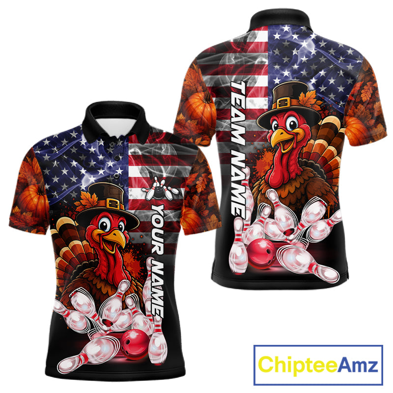 Funny Turkey American Flag Smoke Bowling Shirts For Men Custom Thanksgiving Bowling Team Jersey TDM7395