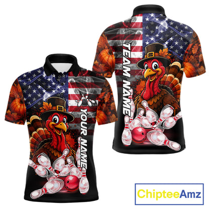 Funny Turkey American Flag Smoke Bowling Shirts For Men Custom Thanksgiving Bowling Team Jersey TDM7395