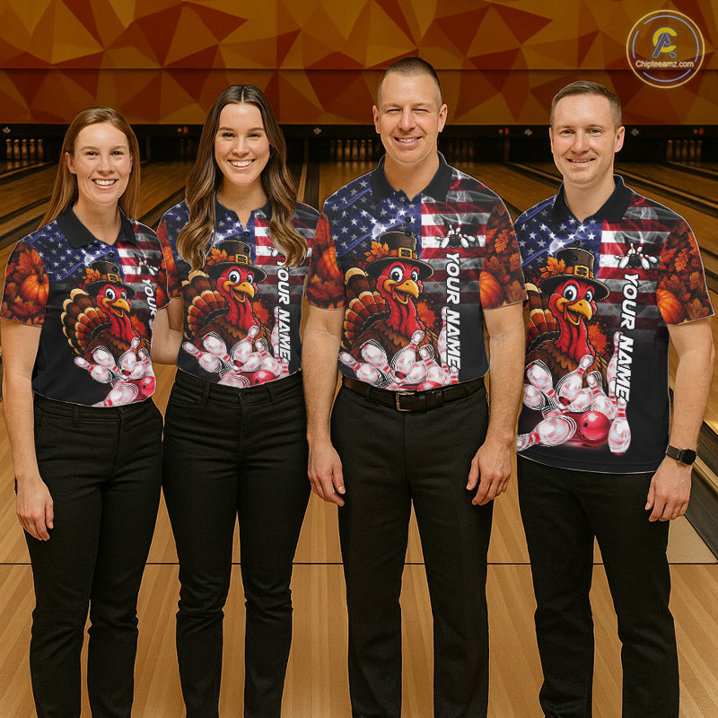 Funny Turkey American Flag Smoke Bowling Shirts For Women Custom Thanksgiving Bowling Team Jersey TDM7395