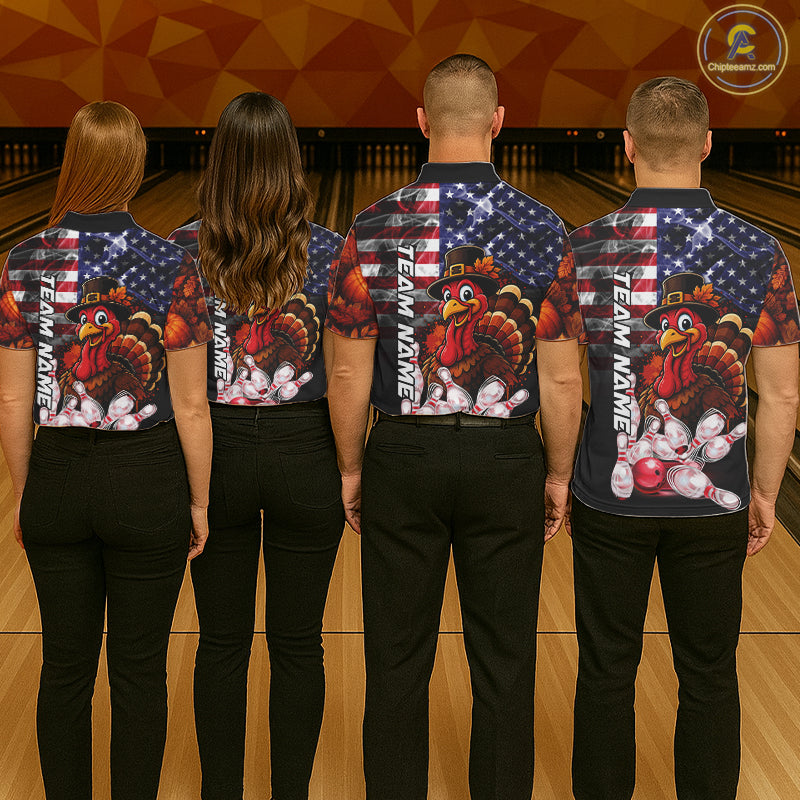 Funny Turkey American Flag Smoke Bowling Shirts For Women Custom Thanksgiving Bowling Team Jersey TDM7395