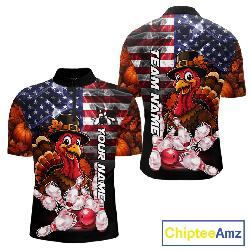 Funny Turkey American Flag Smoke Bowling Shirts For Men Custom Thanksgiving Bowling Team Jersey TDM7395