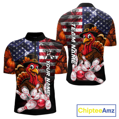 Funny Turkey American Flag Smoke Bowling Shirts For Men Custom Thanksgiving Bowling Team Jersey TDM7395