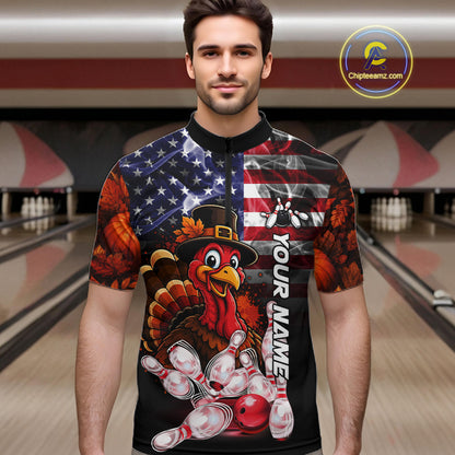 Funny Turkey American Flag Smoke Bowling Shirts For Men Custom Thanksgiving Bowling Team Jersey TDM7395