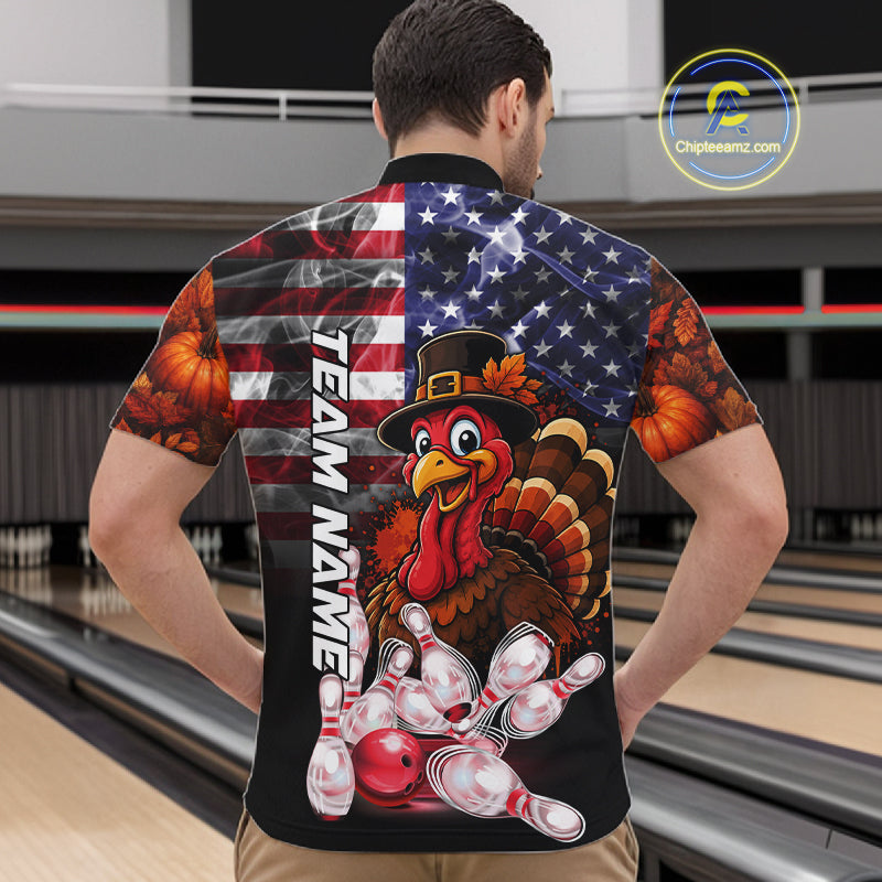 Funny Turkey American Flag Smoke Bowling Shirts For Men Custom Thanksgiving Bowling Team Jersey TDM7395