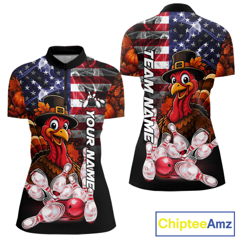 Funny Turkey American Flag Smoke Bowling Shirts For Women Custom Thanksgiving Bowling Team Jersey TDM7395