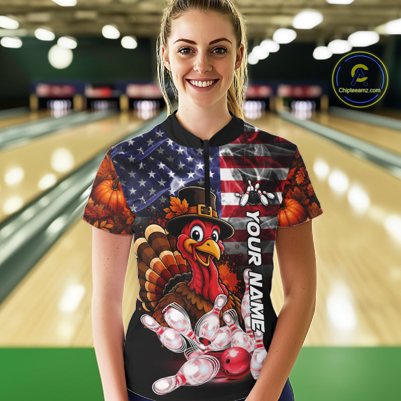 Funny Turkey American Flag Smoke Bowling Shirts For Women Custom Thanksgiving Bowling Team Jersey TDM7395