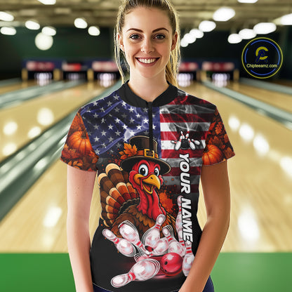 Funny Turkey American Flag Smoke Bowling Shirts For Women Custom Thanksgiving Bowling Team Jersey TDM7395