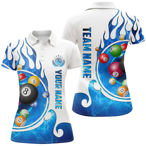 Personalized Name Billiard Fire Polo Shirts For Women Custom Team Name Billiard Shirt Design | Blue TDM0254