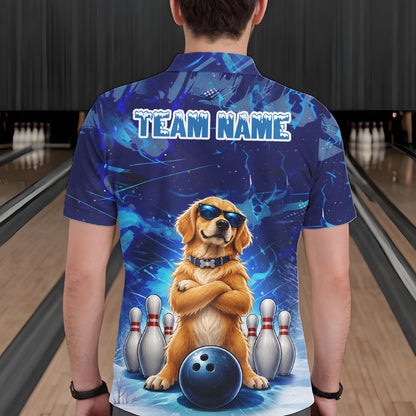 Personalized Blue Funny Golden Retriever Dog Bowling Shirt For Men Custom Bowling Team Jersey TDM7693