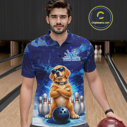 Personalized Blue Funny Golden Retriever Dog Bowling Shirt For Men Custom Bowling Team Jersey TDM7693