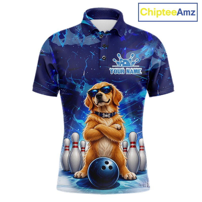 Personalized Blue Funny Golden Retriever Dog Bowling Shirt For Men Custom Bowling Team Jersey TDM7693