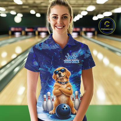 Personalized Blue Funny Golden Retriever Dog Bowling Shirt For Women Custom Bowling Team Jersey TDM7693