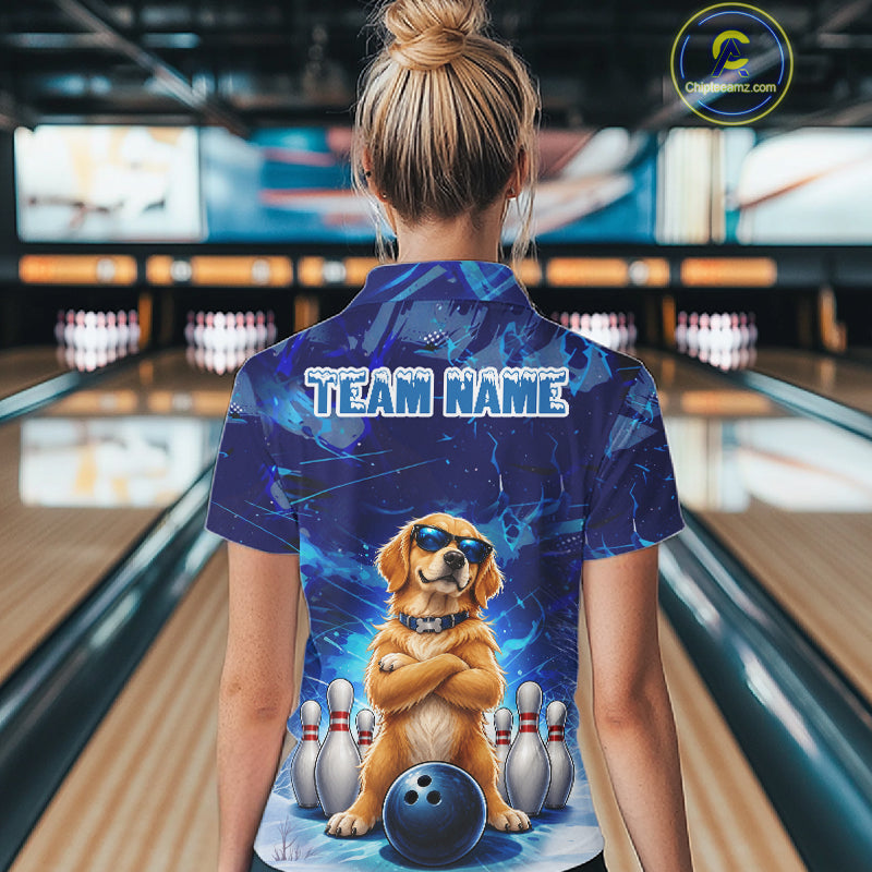 Personalized Blue Funny Golden Retriever Dog Bowling Shirt For Women Custom Bowling Team Jersey TDM7693