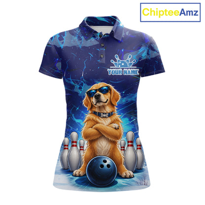 Personalized Blue Funny Golden Retriever Dog Bowling Shirt For Women Custom Bowling Team Jersey TDM7693