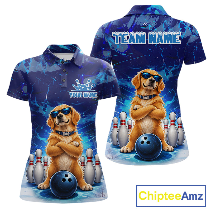 Personalized Blue Funny Golden Retriever Dog Bowling Shirt For Women Custom Bowling Team Jersey TDM7693