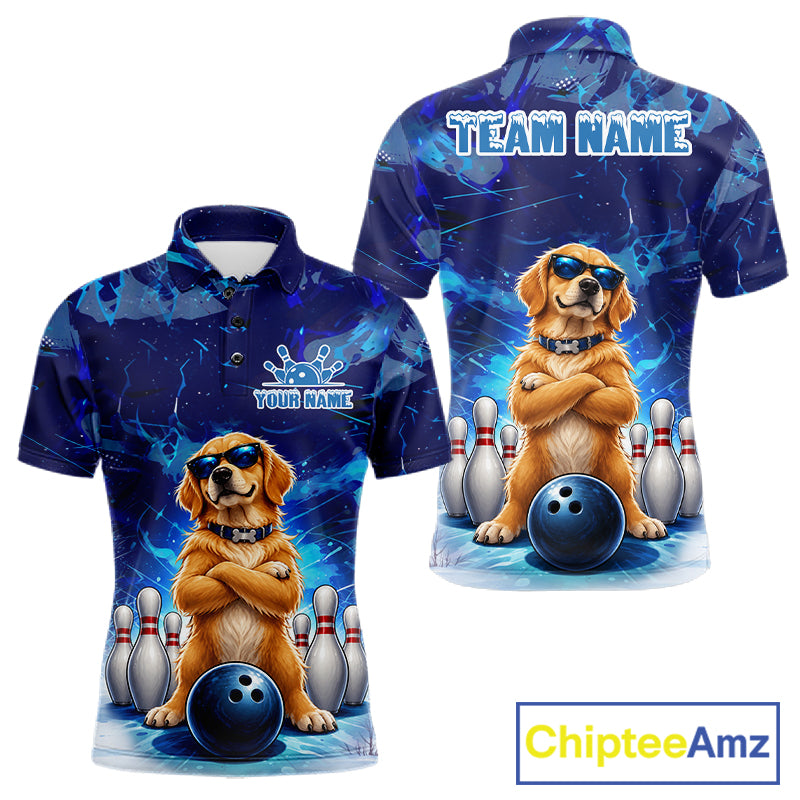 Personalized Blue Funny Golden Retriever Dog Bowling Shirt For Men Custom Bowling Team Jersey TDM7693