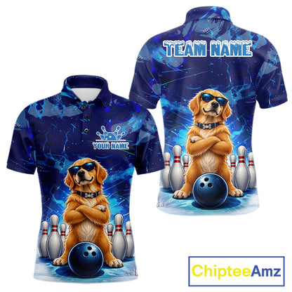 Personalized Blue Funny Golden Retriever Dog Bowling Shirt For Men Custom Bowling Team Jersey TDM7693
