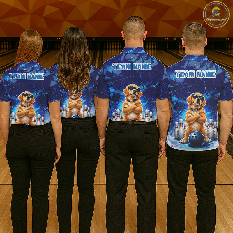 Personalized Blue Funny Golden Retriever Dog Bowling Shirt For Men Custom Bowling Team Jersey TDM7693