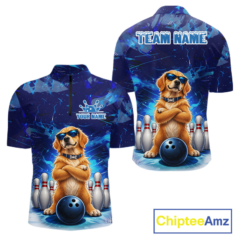 Personalized Blue Funny Golden Retriever Dog Bowling Shirt For Men Custom Bowling Team Jersey TDM7693
