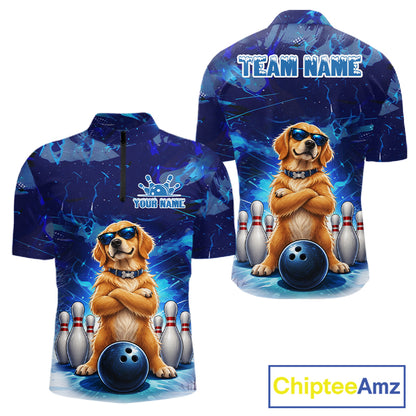 Personalized Blue Funny Golden Retriever Dog Bowling Shirt For Men Custom Bowling Team Jersey TDM7693
