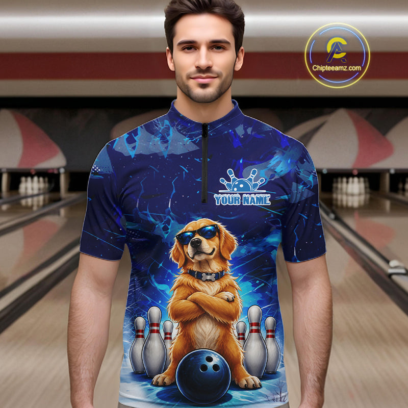 Personalized Blue Funny Golden Retriever Dog Bowling Shirt For Men Custom Bowling Team Jersey TDM7693