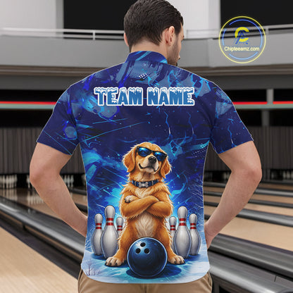 Personalized Blue Funny Golden Retriever Dog Bowling Shirt For Men Custom Bowling Team Jersey TDM7693