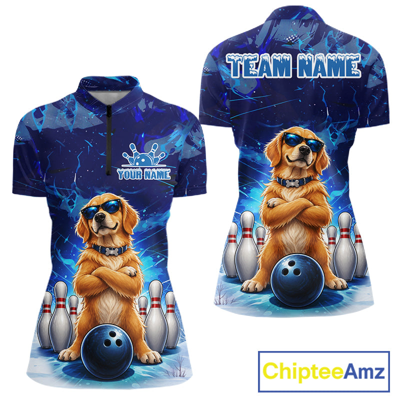 Personalized Blue Funny Golden Retriever Dog Bowling Shirt For Women Custom Bowling Team Jersey TDM7693