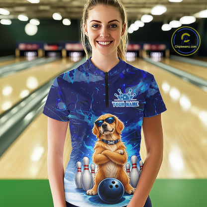 Personalized Blue Funny Golden Retriever Dog Bowling Shirt For Women Custom Bowling Team Jersey TDM7693