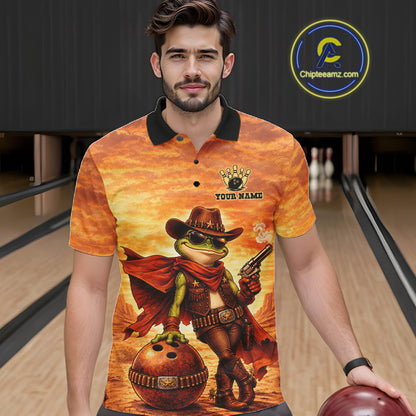 Vintage Desert Bowling Shirts Custom Funny Cowboy Frog Bowling Team Jersey Polo & 1/4 Zip For Men TDM7694