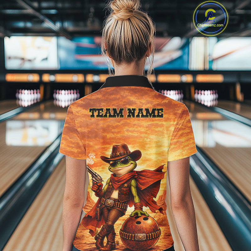 Vintage Desert Bowling Shirts Custom Funny Cowboy Frog Bowling Team Jersey Polo & 1/4 Zip For Women TDM7694