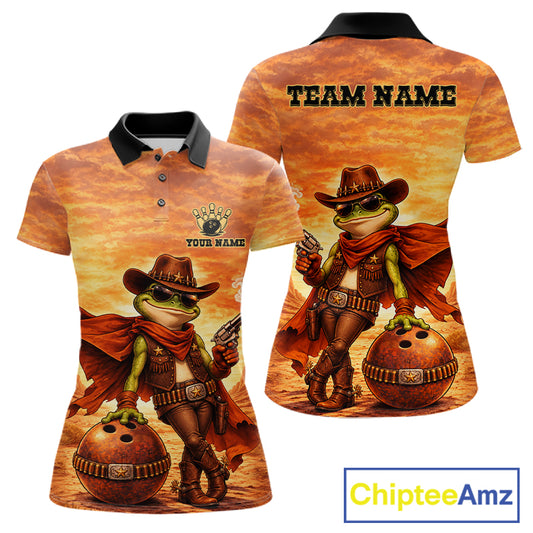 Vintage Desert Bowling Shirts Custom Funny Cowboy Frog Bowling Team Jersey Polo & 1/4 Zip For Women TDM7694
