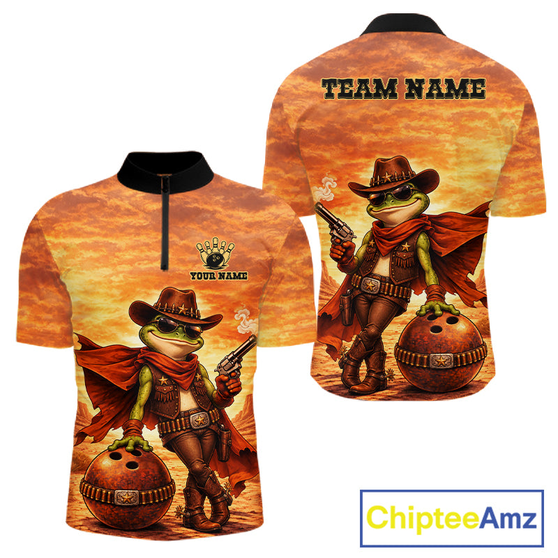 Vintage Desert Bowling Shirts Custom Funny Cowboy Frog Bowling Team Jersey Polo & 1/4 Zip For Men TDM7694