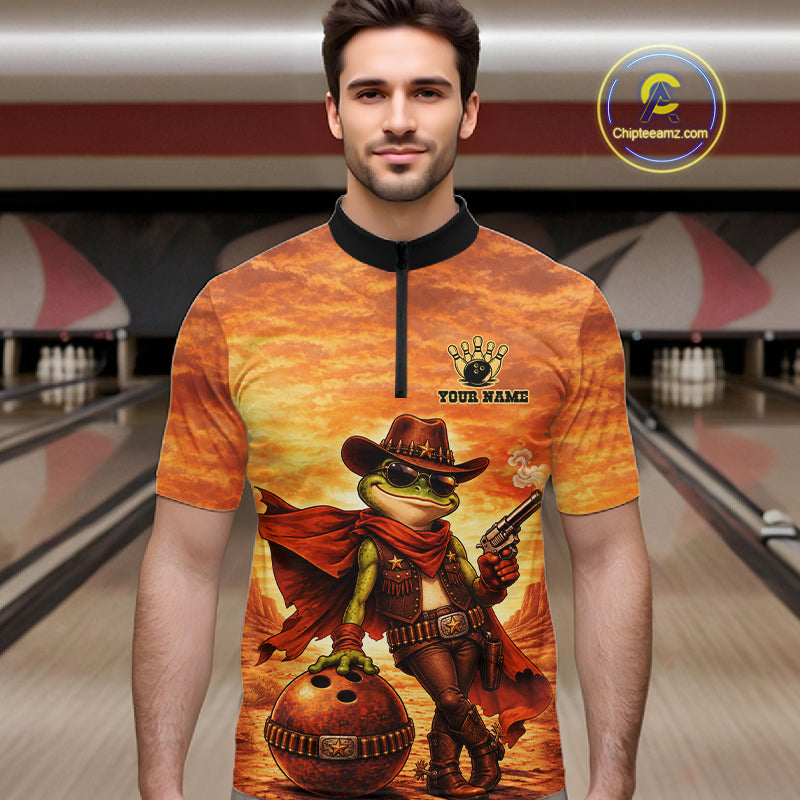 Vintage Desert Bowling Shirts Custom Funny Cowboy Frog Bowling Team Jersey Polo & 1/4 Zip For Men TDM7694