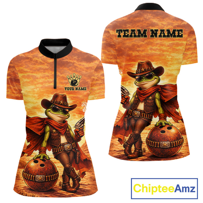 Vintage Desert Bowling Shirts Custom Funny Cowboy Frog Bowling Team Jersey Polo & 1/4 Zip For Women TDM7694