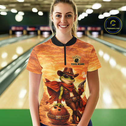 Vintage Desert Bowling Shirts Custom Funny Cowboy Frog Bowling Team Jersey Polo & 1/4 Zip For Women TDM7694