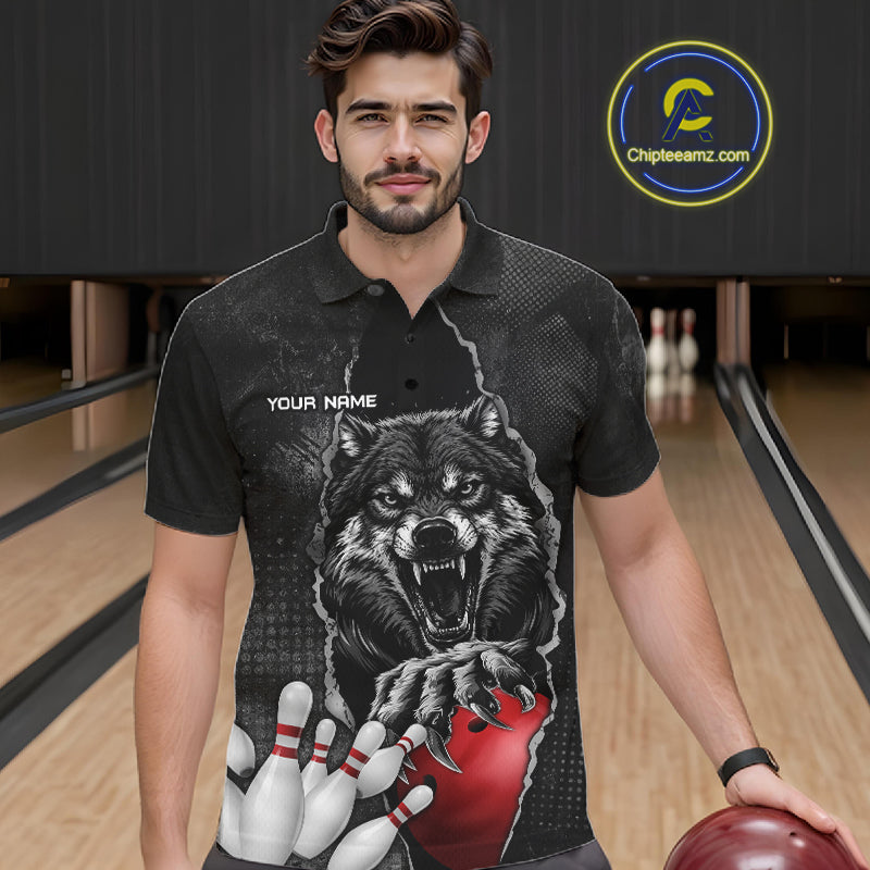 Personalized Wolf Black Grunge Bowling Shirts For Men Custom Bowling Team Jersey Polo & 1/4 Zip TDM7696