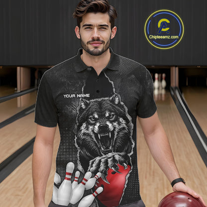 Personalized Wolf Black Grunge Bowling Shirts For Men Custom Bowling Team Jersey Polo & 1/4 Zip TDM7696