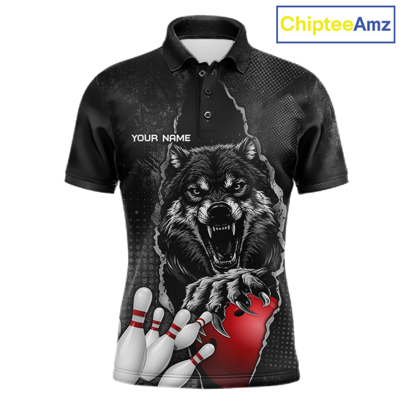 Personalized Wolf Black Grunge Bowling Shirts For Men Custom Bowling Team Jersey Polo & 1/4 Zip TDM7696