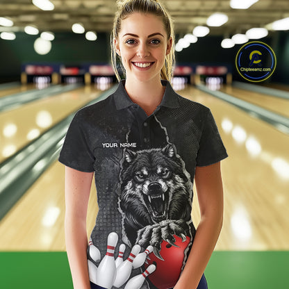 Personalized Wolf Black Grunge Bowling Shirts For Women Custom Bowling Team Jersey Polo & 1/4 Zip TDM7696