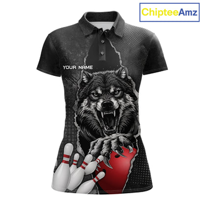 Personalized Wolf Black Grunge Bowling Shirts For Women Custom Bowling Team Jersey Polo & 1/4 Zip TDM7696