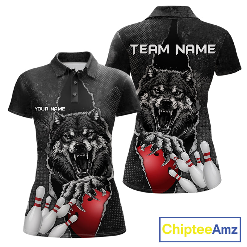 Personalized Wolf Black Grunge Bowling Shirts For Women Custom Bowling Team Jersey Polo & 1/4 Zip TDM7696