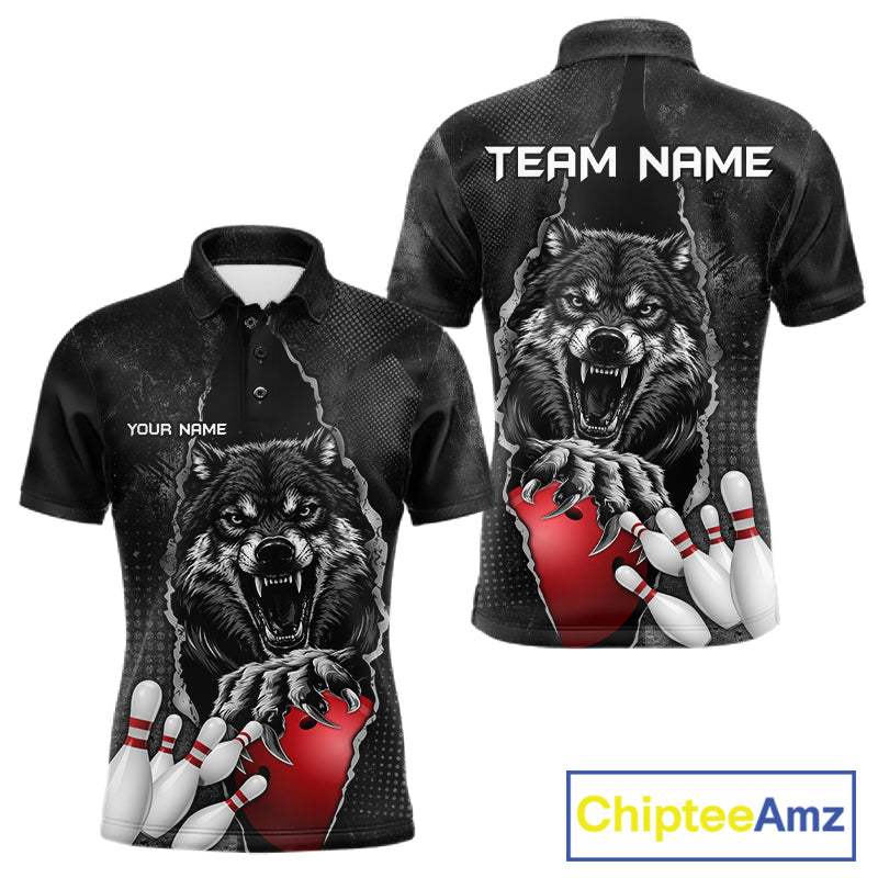 Personalized Wolf Black Grunge Bowling Shirts For Men Custom Bowling Team Jersey Polo & 1/4 Zip TDM7696