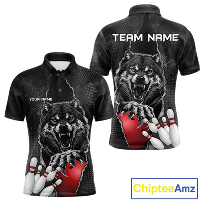 Personalized Wolf Black Grunge Bowling Shirts For Men Custom Bowling Team Jersey Polo & 1/4 Zip TDM7696