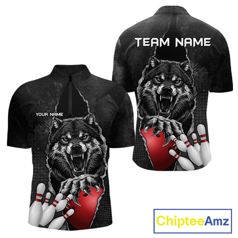 Personalized Wolf Black Grunge Bowling Shirts For Men Custom Bowling Team Jersey Polo & 1/4 Zip TDM7696