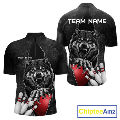 Personalized Wolf Black Grunge Bowling Shirts For Men Custom Bowling Team Jersey Polo & 1/4 Zip TDM7696
